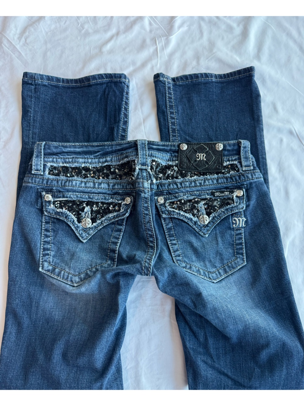 Y2K Miss Me Black Sequin Flap Pocket Bootcut Jeans Size 30 Low Rise Bootbarn - Picture 5 of 14